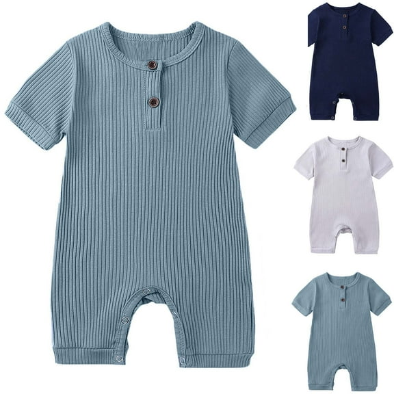 Luxalzxs Ribbed Onesie for Baby Boy Girl Button Solid Color Short Sleeve One Piece Romper Jumpsuit Shortall Newborn Infant Soft Knit Summer Playsuit