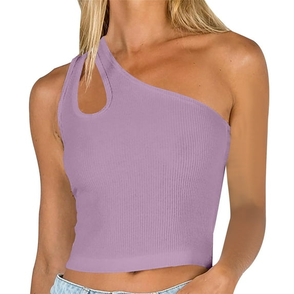 Luxalzxs Ribbed Tank Tops for Women Fashion Sexy One Shoulder Slim Short Open Umbilical Sleeveless Bottom Tank Top Y2K Workout Tank Tops Fitted Basic Cami Tee Shirts