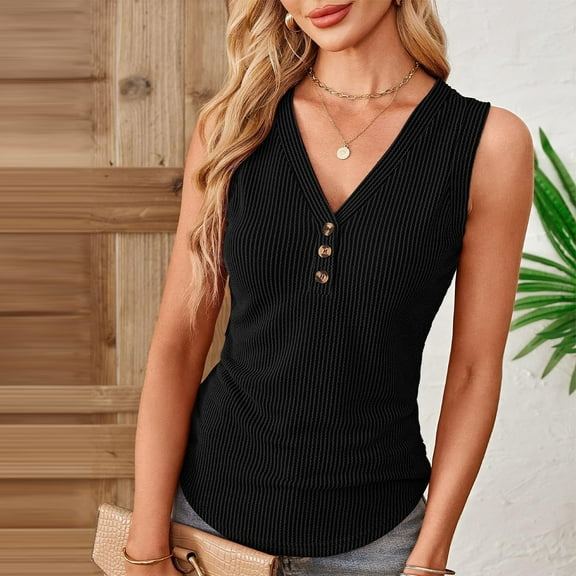 Luxalzxs Ribbed Tank Tops for Women Summer Sleeveless V Neck Slim Fitted Button Down Blouse Basic Tees Shirts Vest Henley Shirts