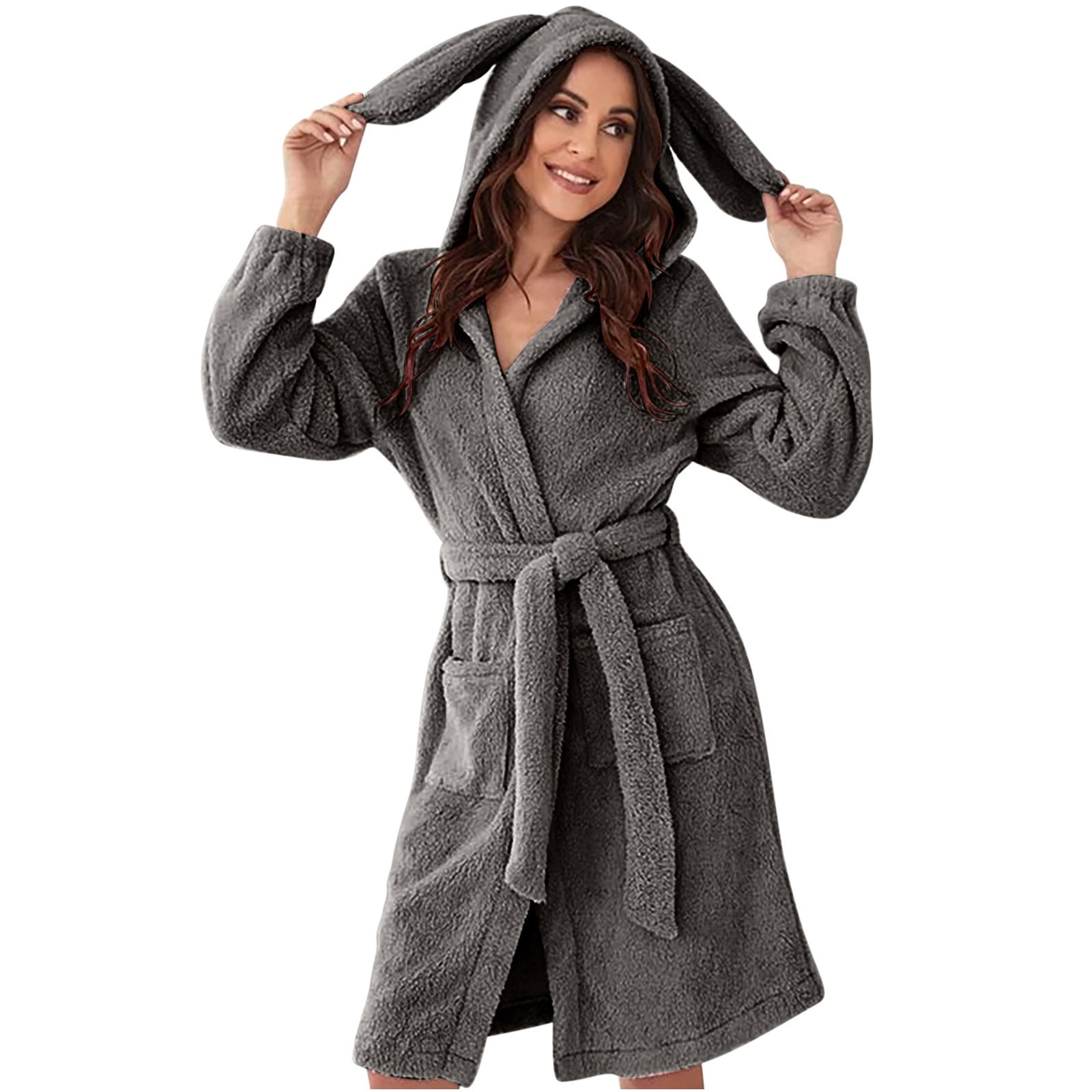 Luxalzxs Robes for Women, Rabbit Ear Hooded Bath Robe Solid Color Soft ...