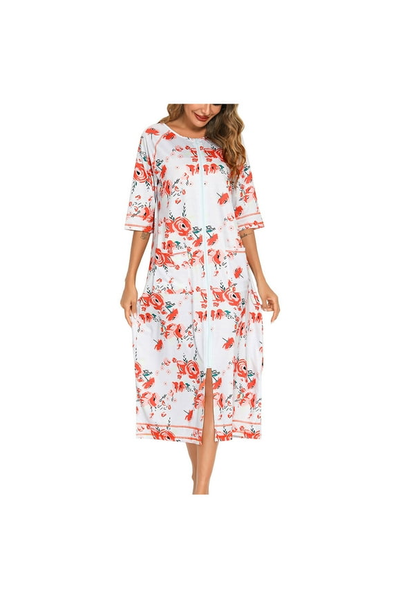 Luxalzxs Robes for Women Front Zipper 3/4 Sleeve Nightgown House Dress Full Length Duster Pyjamas Housecoat with Pockets Print Loungewear Sleepshirts