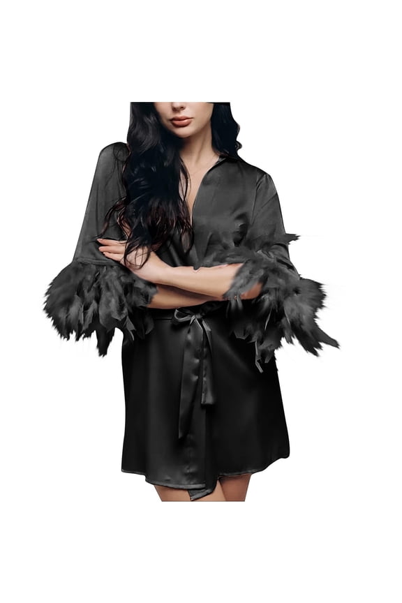 Luxalzxs Satin Nightgown for Women Short Bridesmaid Feather Robe Kimono Silky Bathrobe Bridal Party Sleepwear