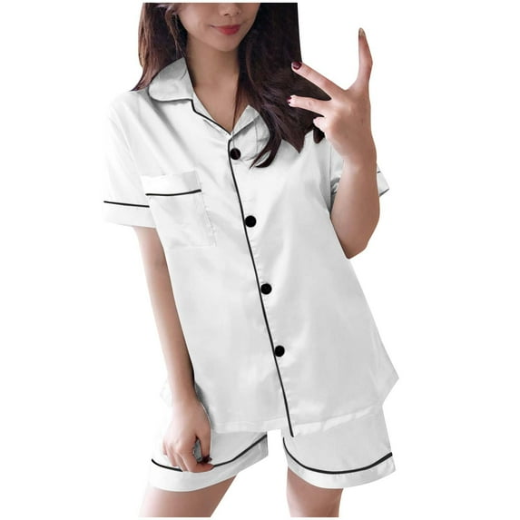 Luxalzxs Satin Pajama Set for Women Short Sleeve Sleepwear Soft Silk Button Down Loungewear Pjs Shorts Two-Piece Pj Set