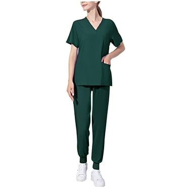 Luxalzxs Scrub Set for Women Scrub Top & Scrub Jogger Pant with Pocket Solid Color V-Neck Medical Uniform Suit Nursing Uniform Working Suit