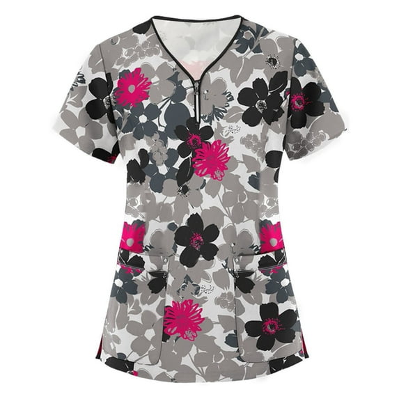 Luxalzxs Scrub Top for Women Floral Printed Nurse Uniform V-Neck Working Uniform Medical Funny Shirt Workwear with Pocket