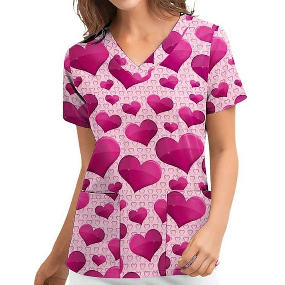Luxalzxs Scrub Tops Women Loose Stretchy Valentine's Day Love Heart Printed Plus Size Working Uniform Blouse Summer Short Sleeve V-Neck Tees with Pockets