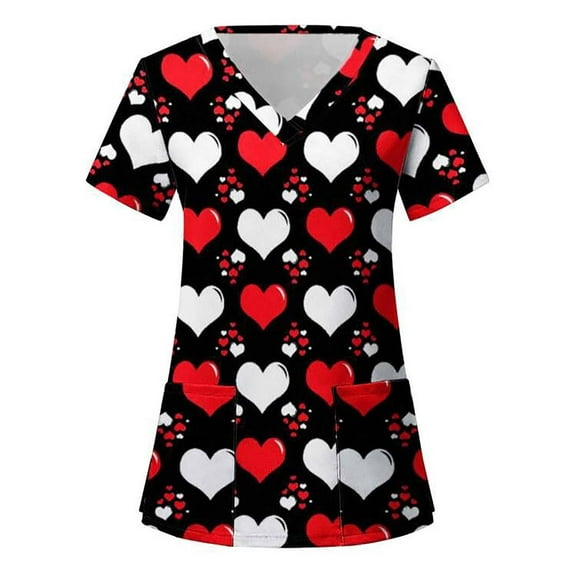 Luxalzxs Scrub Tops Women Loose Stretchy Valentine's Day Love Heart Printed Plus Size Working Uniform Blouse Summer Short Sleeve V-Neck Tees with Pockets