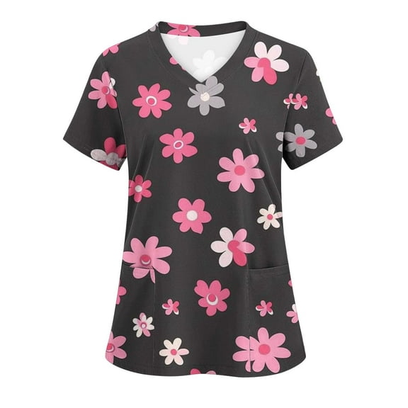 Luxalzxs Scrub Tops Women Valentine's Day Love Printed Short Sleeve V Neck T-Shirts Stretchy Nursing Working Uniform Tops with Pockets