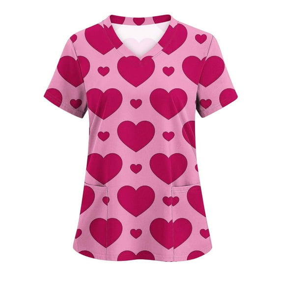 Luxalzxs Scrub Tops Women Valentine's Day Love Printed Short Sleeve V Neck T-Shirts Stretchy Nursing Working Uniform Tops with Pockets