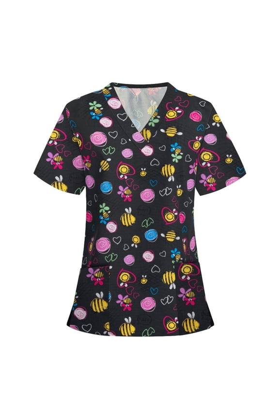 Luxalzxs Scrub Tops for Women Short Sleeve Cute Animal Print Working Uniform Medical Scrub Tops with Pocket Comfy Casual V-Neck Tunic Blouse Workwear