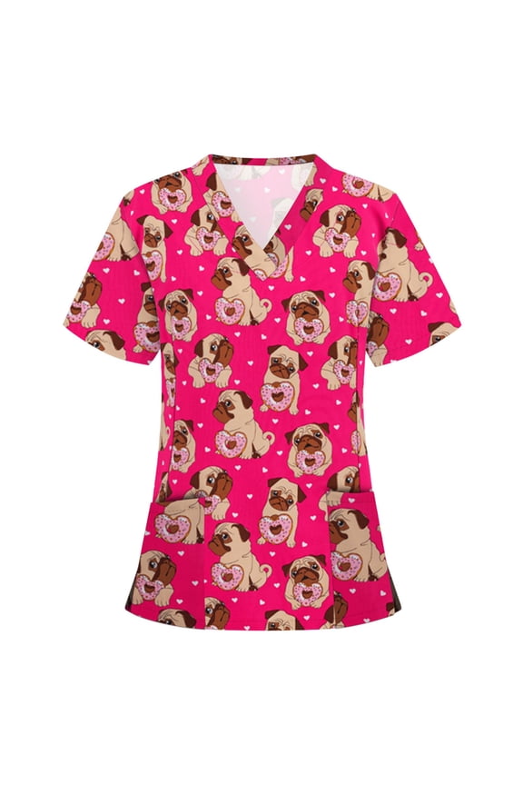 Luxalzxs Scrub Tops for Women Short Sleeve Cute Animal Print Working Uniform Medical Scrub Tops with Pocket Comfy Casual V-Neck Tunic Blouse Workwear