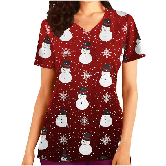 Luxalzxs Scrub Tops for Women Snowflakes Printed Short Sleeve Nurse Working Uniform with Pocket Summer Holiday Tunic Blouse