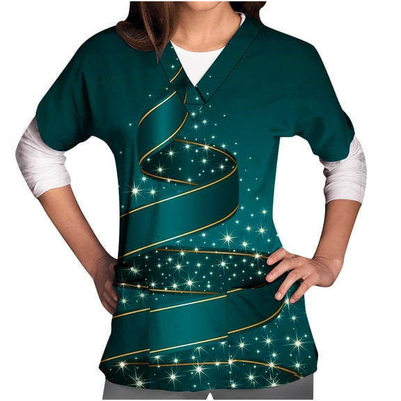 Luxalzxs Scrubs for Women, Women's Happy New Year Christmas Tree Print Nursing Uniform Short Sleeve V-Neck Holiday T-Shirts Workwear Tops with Pockets