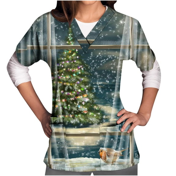 Luxalzxs Scrubs for Women, Women's Happy New Year Christmas Tree Print Nursing Uniform Short Sleeve V-Neck Holiday T-Shirts Workwear Tops with Pockets