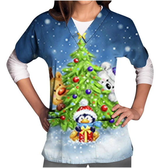 Luxalzxs Scrubs for Women, Women's Happy New Year Christmas Tree Print Nursing Uniform Short Sleeve V-Neck Holiday T-Shirts Workwear Tops with Pockets