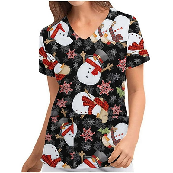 Luxalzxs Scrubs for Women Christmas Printed Holiday Scrub Tops Nursing Working Uniform V-Neck Short Sleeve Tunic Blouse with Pocket