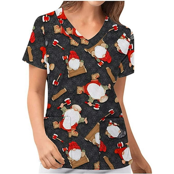 Luxalzxs Scrubs for Women Comfortable Lightweight Durable Soft Stretch Christmas Printed V-Neck Medical Scrub Tops Nurse Working Uniform