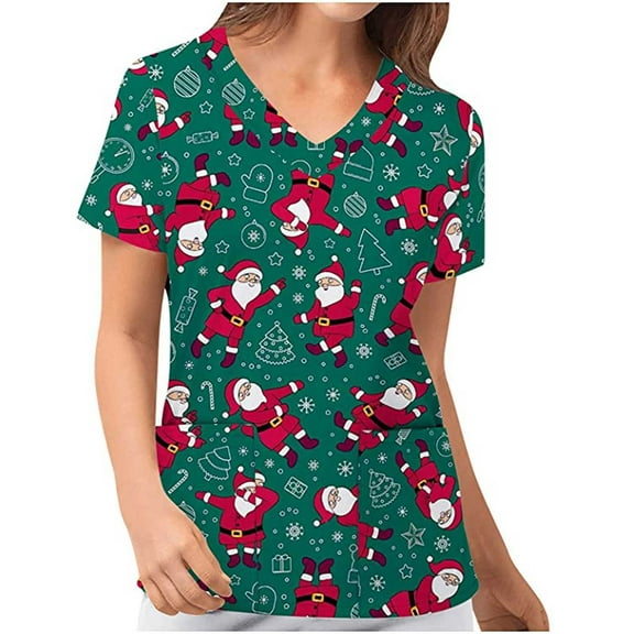 Luxalzxs Scrubs for Women Comfortable Lightweight Durable Soft Stretch Christmas Printed V-Neck Medical Scrub Tops Nurse Working Uniform