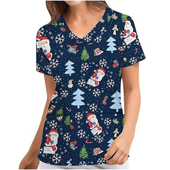 Luxalzxs Scrubs for Women Comfortable Lightweight Durable Soft Stretch Christmas Printed V-Neck Medical Scrub Tops Nurse Working Uniform