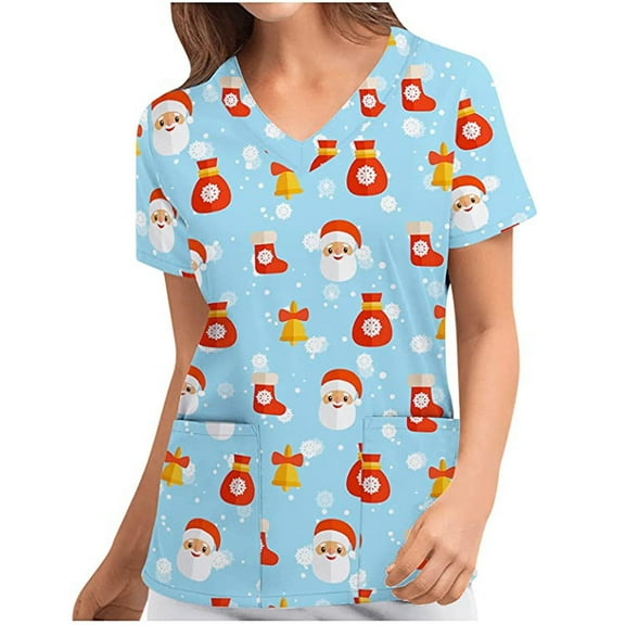 Luxalzxs Scrubs for Women Comfortable Lightweight Durable Soft Stretch Christmas Printed V-Neck Medical Scrub Tops Nurse Working Uniform