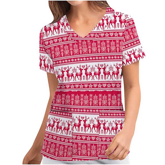 Luxalzxs Scrubs for Women Comfortable Lightweight Durable Soft Stretch Christmas Printed V-Neck Medical Scrub Tops Nurse Working Uniform