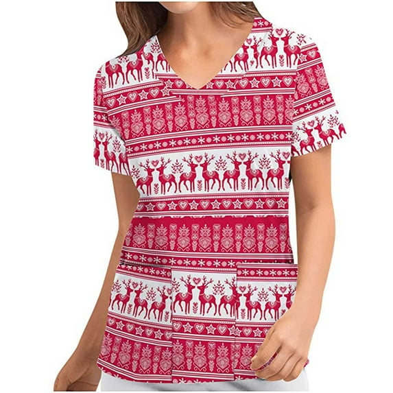 Luxalzxs Scrubs for Women Comfortable Lightweight Durable Soft Stretch Christmas Printed V-Neck Medical Scrub Tops Nurse Working Uniform