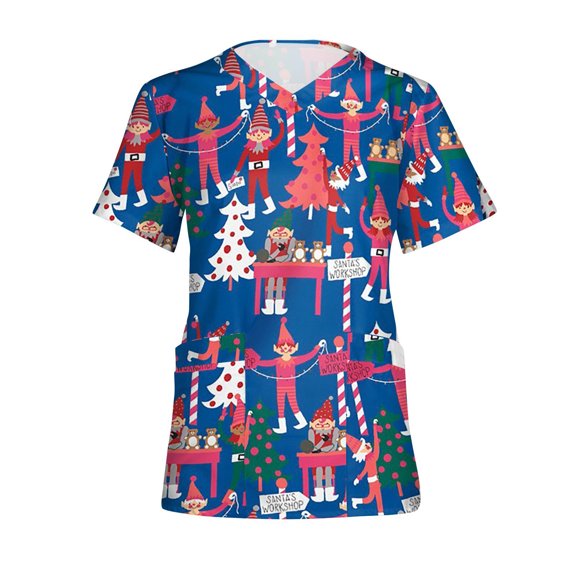 Luxalzxs Scrubs for Women Fashion Plus Size Short Sleeve V-Neck Tops Working Uniform Christmas Print Blouse Tops with Pocket