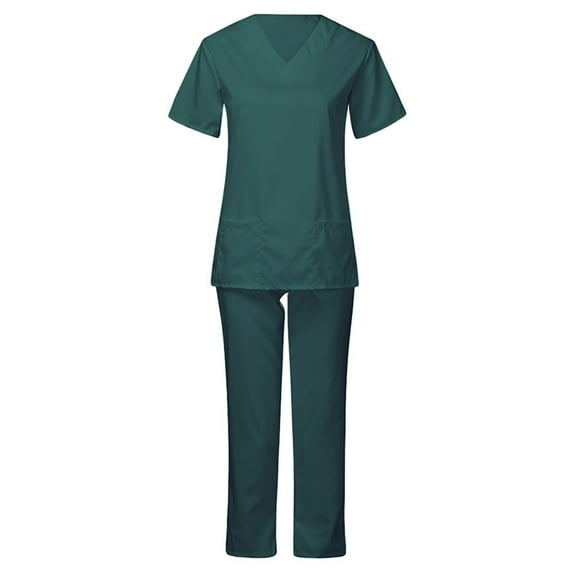 Luxalzxs Scrubs for Women Set Short Sleeve Solid Color V-Neck Nursing Uniform Suit Loose Medical Uniform Suit with Pockets