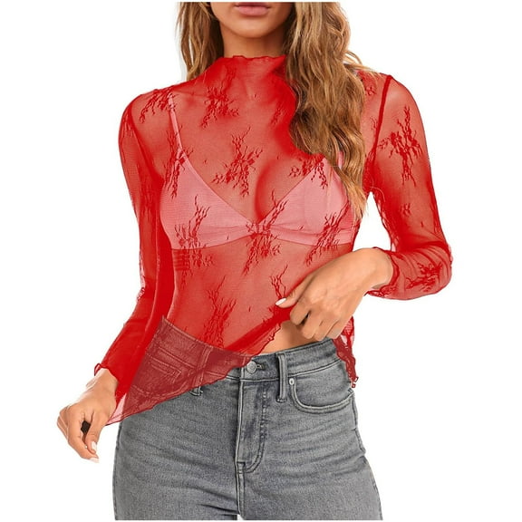 Luxalzxs See Through Tops for Women Long Sleeve Mock Neck Sexy Lace Floral Embroidery Undershirts Mesh Sheer Layering Tops Party Clubwear