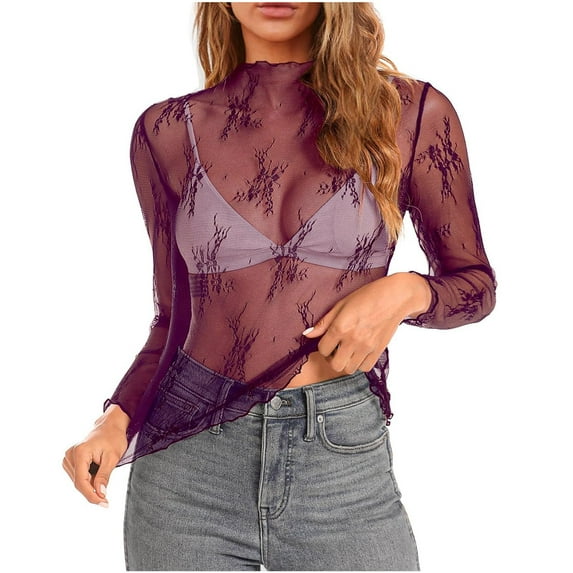 Luxalzxs See Through Tops for Women Long Sleeve Mock Neck Sexy Lace Floral Embroidery Undershirts Mesh Sheer Layering Tops Party Clubwear