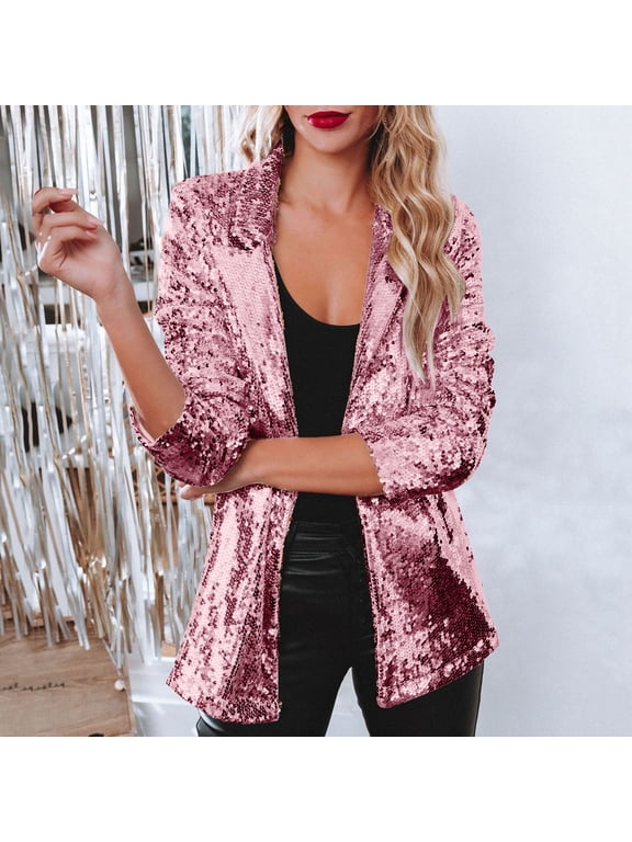Luxalzxs Sequin Blazer for Women Shimmer Jacket Casual Long Sleeve Glitter Sparkle Party Lapel Coat Rave Lightweight Shiny Blazer Coat Suit