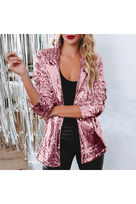 Luxalzxs Sequin Blazer for Women Shimmer Jacket Casual Long Sleeve Glitter Sparkle Party Lapel Coat Rave Lightweight Shiny Blazer Coat Suit