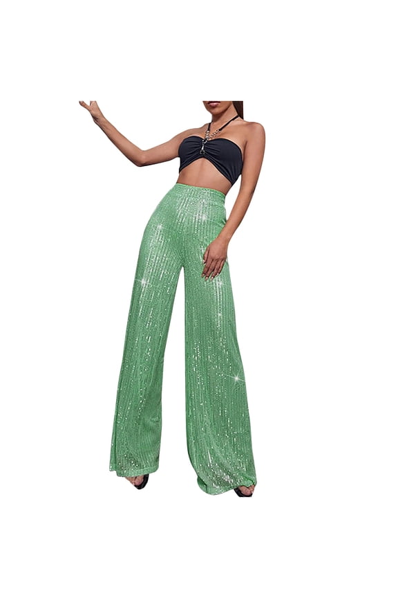 Luxalzxs Sequin Pants for Women Fashion Elegant Sparkly High Waist Wide Leg Pants Trouser Glitter Shiny Disco Party Clubwear