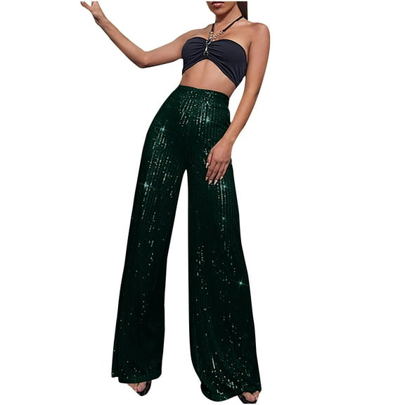 Luxalzxs Sequin Pants for Women Fashion Elegant Sparkly High Waist Wide Leg Pants Trouser Glitter Shiny Disco Party Clubwear