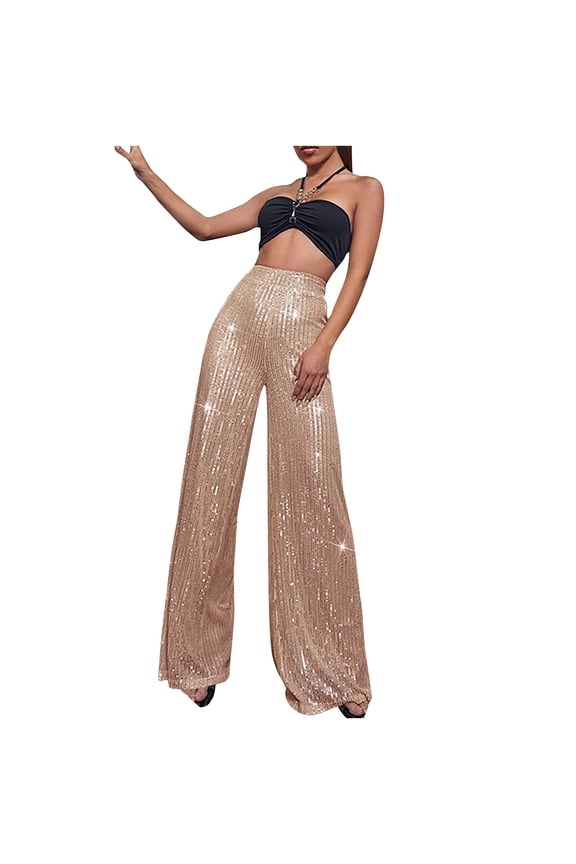 Luxalzxs Sequin Pants for Women Fashion Elegant Sparkly High Waist Wide Leg Pants Trouser Glitter Shiny Disco Party Clubwear