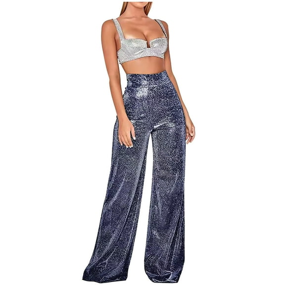 Luxalzxs Sequin Pants for Women High Waist Wide Leg Sparkle Bling Glitter Bell Bottom Trousers Baggy Pants Night Out Shiny Party Clubwear