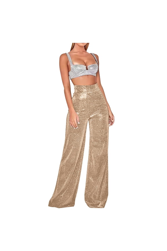 Luxalzxs Sequin Pants for Women High Waist Wide Leg Sparkle Bling Glitter Bell Bottom Trousers Baggy Pants Night Out Shiny Party Clubwear
