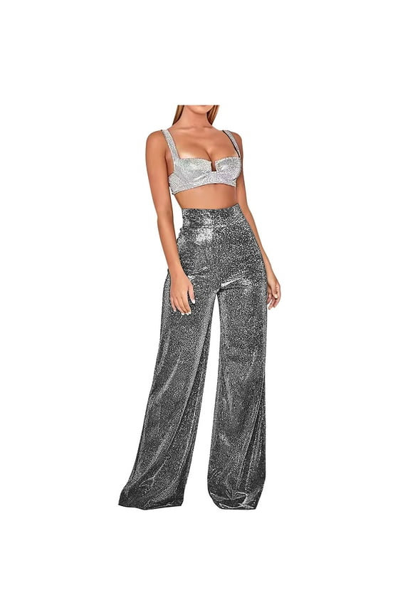 Luxalzxs Sequin Pants for Women High Waist Wide Leg Sparkle Bling Glitter Bell Bottom Trousers Baggy Pants Night Out Shiny Party Clubwear