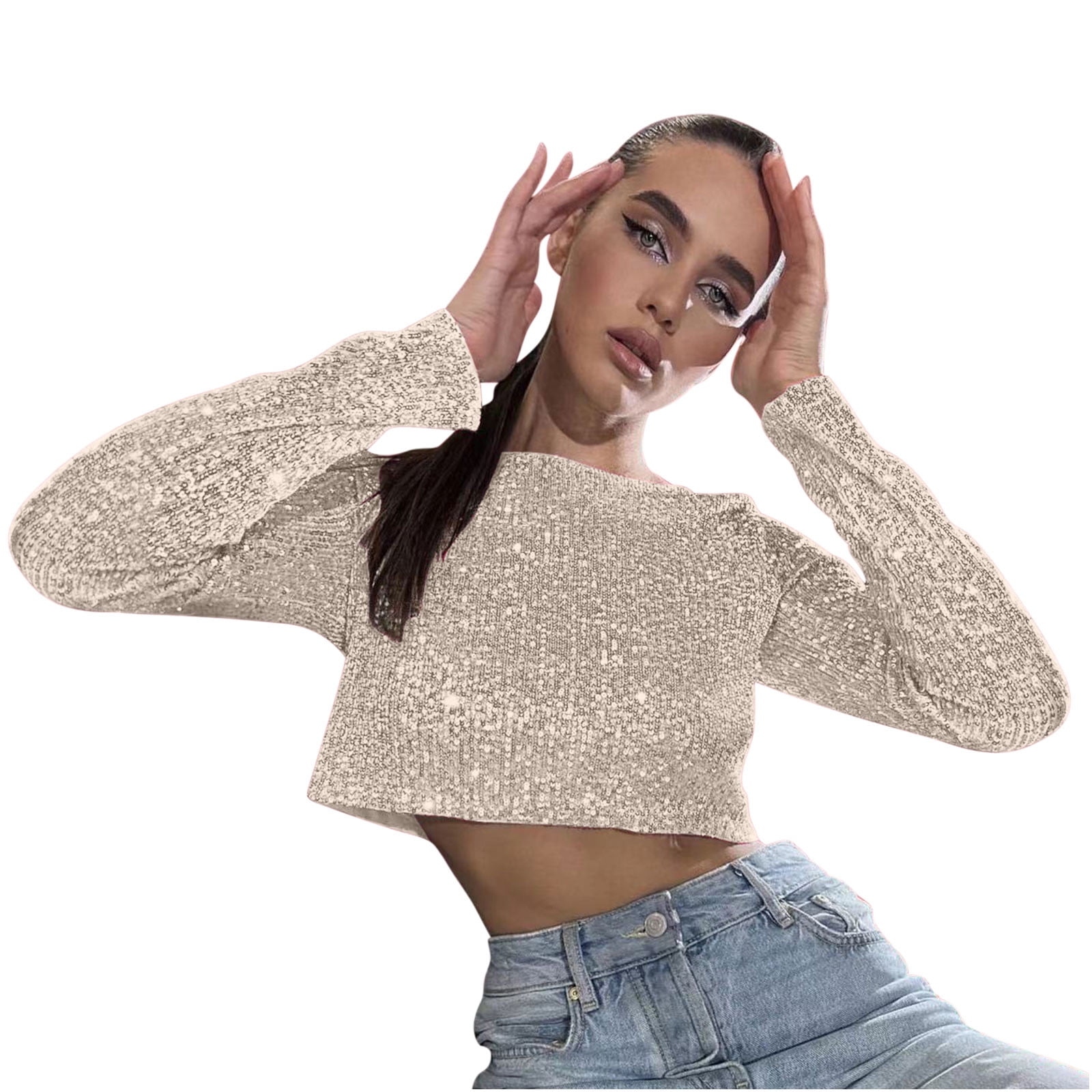 Bling Glitter Sequins Bell Long Sleeve Lace Up Crop Top Blouse Y2K