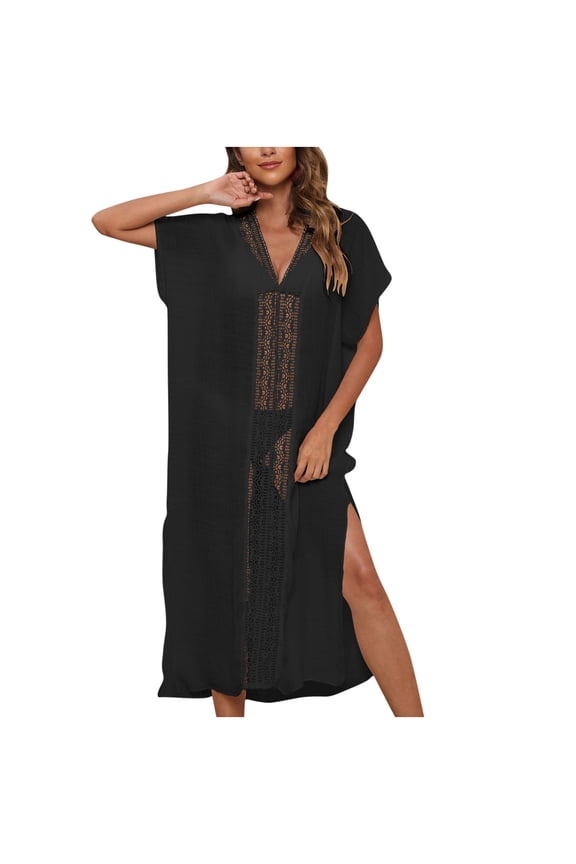 Luxalzxs Sexy Beach Cover Ups for Women Caftan V-Neck Short Sleeve Sheer Kaftan Dresses Swimsuit Bathing Suit Coverups