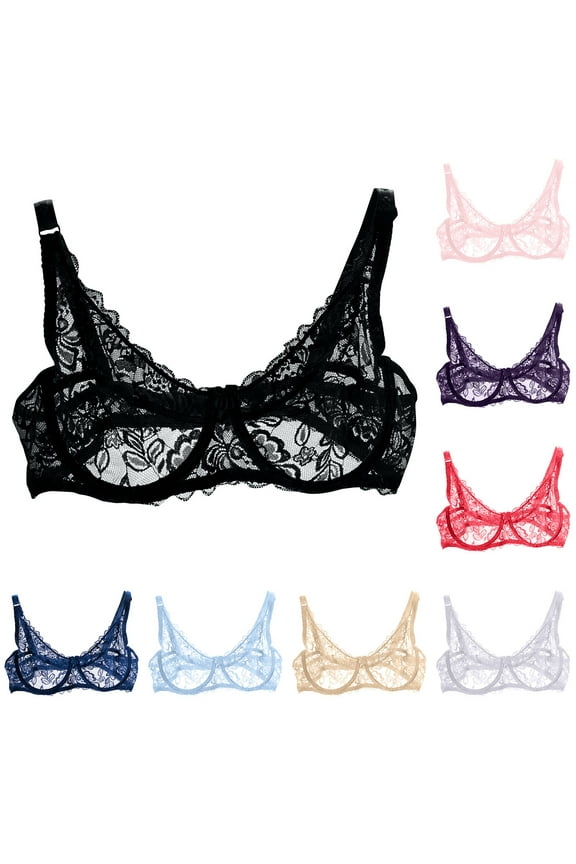 Sexy Lace Bra for Women Demi Sheer Mesh See Through Breathable Bowknot Wireless Embroidered Bras no Underwire Push up Bralettes