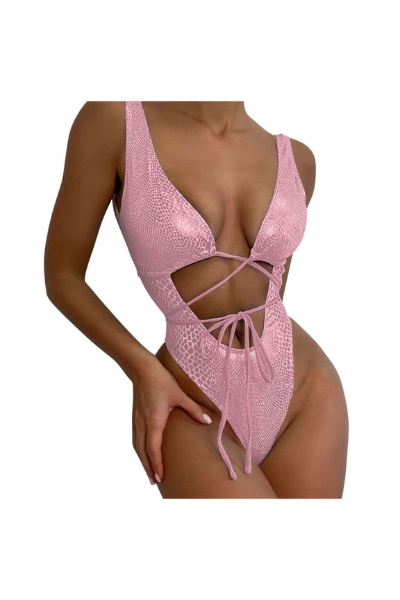 Luxalzxs Sexy One Piece Swimsuit for Women Snakeskin Wrap Swimsuit Sexy Criss Cross Tie Knot Front Deep V-Neck Bathing Suit Shiny Swimwear