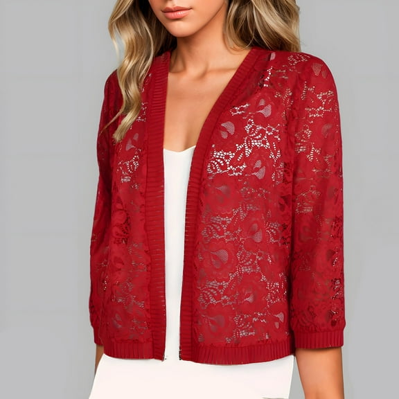 Luxalzxs Short Cardigans for Women Plus Size 3/4 Sleeve Floral Lace Crochet Cardigan Casual Open Front Boho Cover Up Bolero Shrug