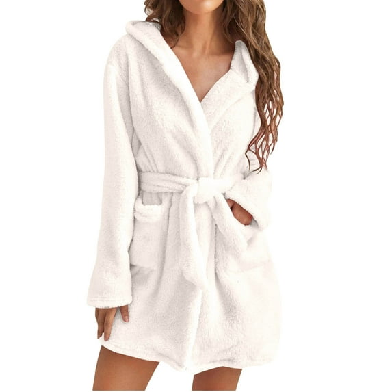 Luxalzxs Short Robes for Women Soft Solid Color Long Sleeve V-Neck Hooded Bathrobes Winter Sashes Pockets Fleece Velvet Sleepwear Dress Nightgowns