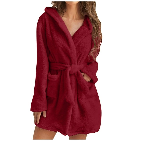 Luxalzxs Short Robes for Women Soft Solid Color Long Sleeve V-Neck Hooded Bathrobes Winter Sashes Pockets Fleece Velvet Sleepwear Dress Nightgowns