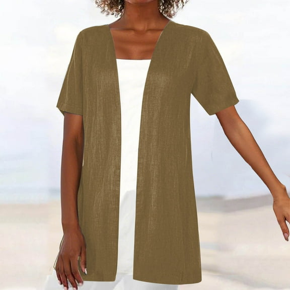 Luxalzxs Short Sleeve Cardigans for Women Lightweight Summer Open Front Cardigan Cotton Linen Casual Loose Beach Cover Up