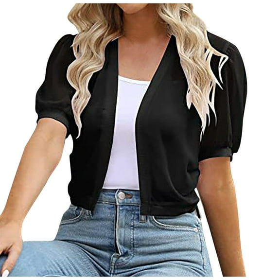 Luxalzxs Shrugs for Women Summer Lightweight Puff Sleeve Open Front Cropped Cardigan Shawl Bolero Shrugs for Dresses