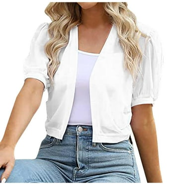 Luxalzxs Shrugs for Women Summer Lightweight Puff Sleeve Open Front Cropped Cardigan Shawl Bolero Shrugs for Dresses