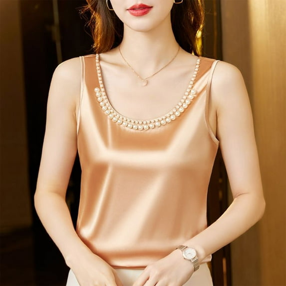 Luxalzxs Silk Tank Tops for Women Plus Size Satin Tank Tops Pearl Beading Round Neck Sleeveless Solid Color Vests Loose Comfy Casual Work Office Tank Blouses Tops