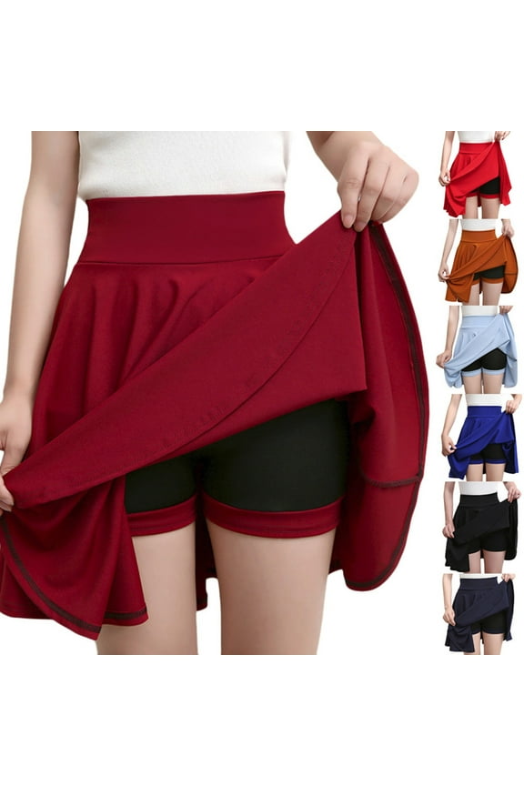 Luxalzxs Skirt with Shorts Underneath Midi Knee High Loose Fit High Cut A Line Plain Skirt High Waist Tennis Golf Skirts Skorts Basic Versatile Casual Stretchy Flared Pleated Mini Skater Skirt